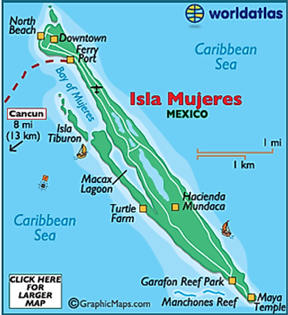 Map of Isla Mujeres, Mexico showing Caribbean Sea location, towns, and reef formations.